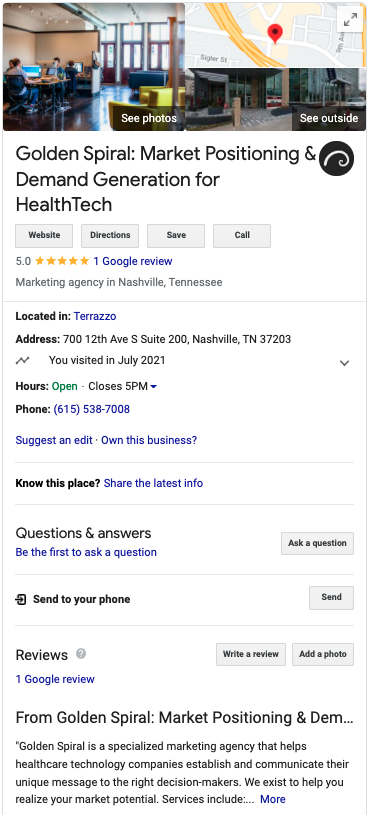 Google My Business Results for Golden Spiral