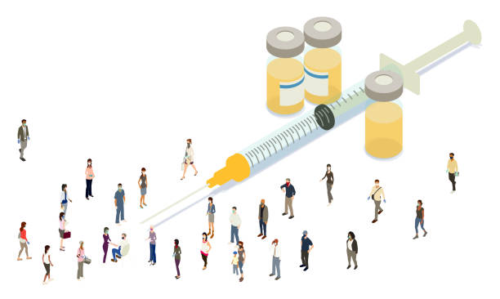 Illustration of big needle, vaccine, and a group of patients