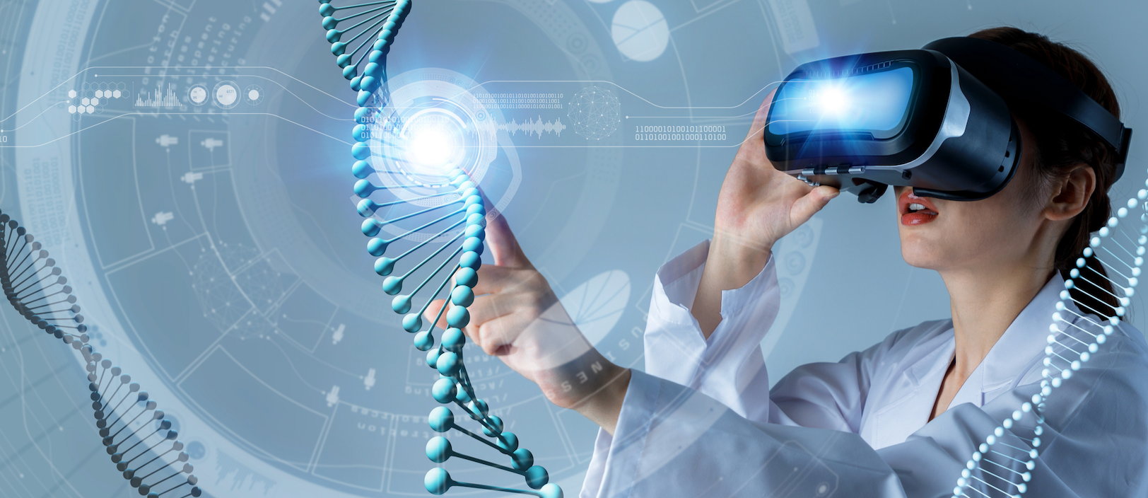 Medical scientist with VR examining DNA strand photography illustration