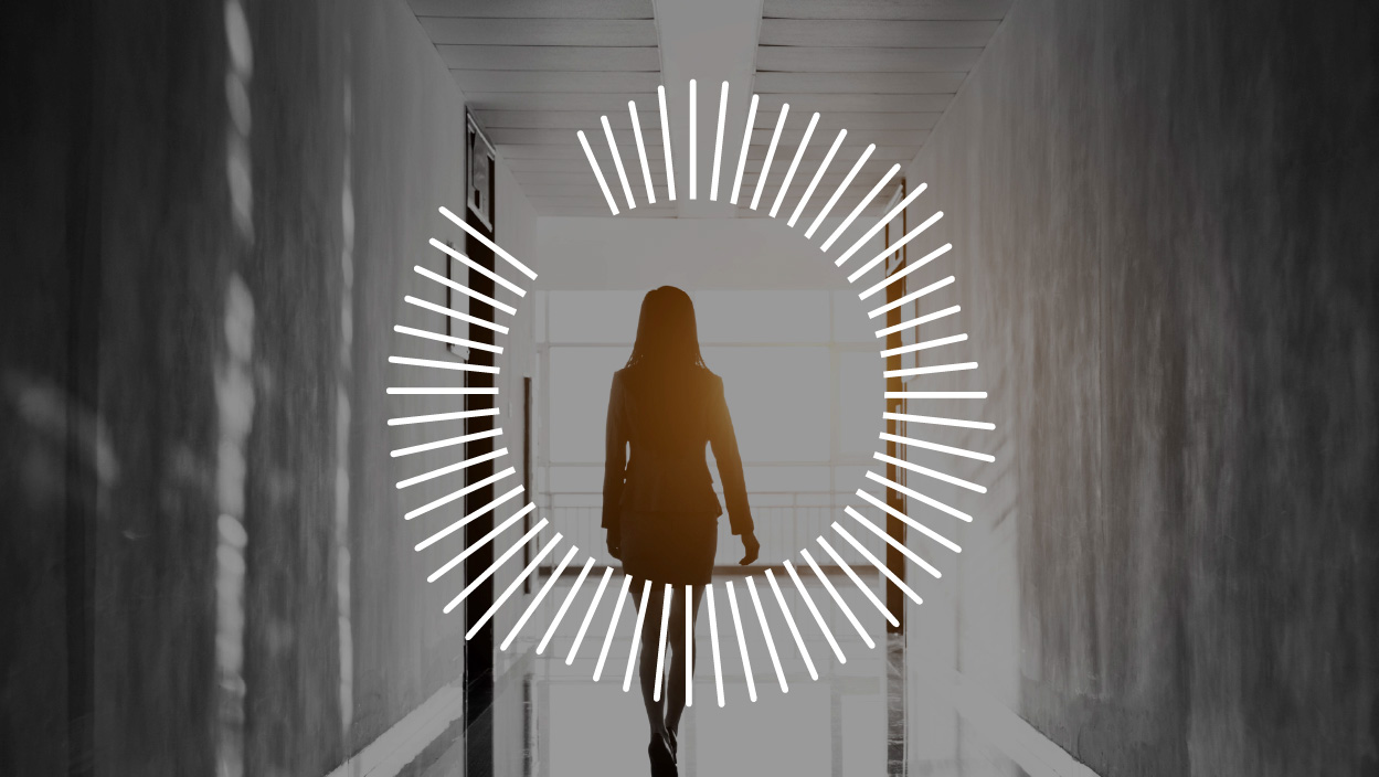 Woman walking out the door symbolically surrounded by an incomplete circle of lines