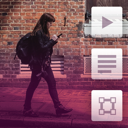 Young woman walking down a sidewalk while searching her cell phone about to pass three stylized images representing calls to action, the narrow featured image for The Bump Set Strike Approach to Great B2B Calls-to-Action that Convert